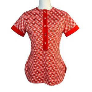 JCPenney Womens True Vintage 70s Top M Orange Geometric Knit Retro Mod Kitchy